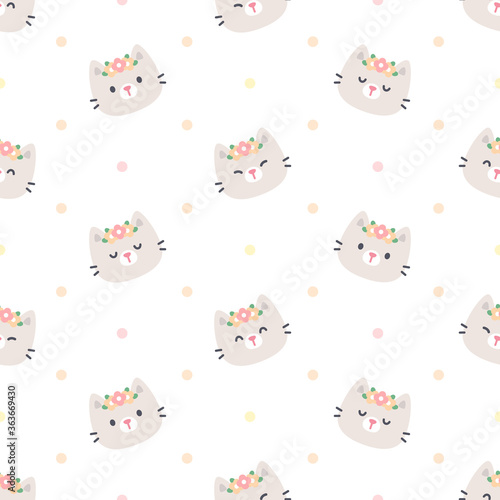 Cute cat with flower crown seamless pattern background