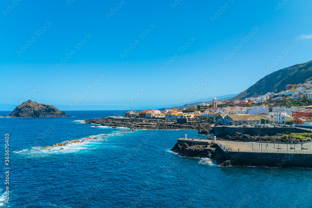 Beautiful panoramic view of a cozy Garachico town on the ocean shore, Tenerife, Canary Islands, Spain