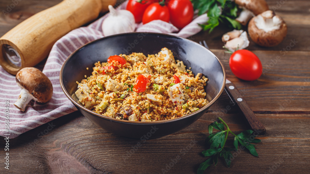 Couscous with turkey, tomatoes, champignon mushrooms and avocado. Couscous with turkey, tomatoes, champignon mushrooms and avocado.