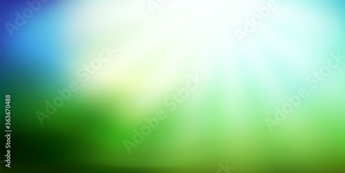 Nature blurred background with bright sun rays. Abstract green and blue gradient backdrop. Ecology concept for your graphic design, banner or poster. Vector illustration