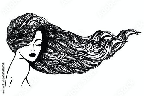 Woman with long, wavy hair flowing.Beautiful girl with elegant hairstyle and makeup.Hair salon and beauty studio logo.Cute lady face illustration.Cosmetics and spa icon.Female portrait.