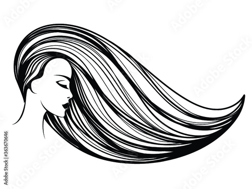 Woman with long, wavy hair flowing.Beautiful girl with elegant hairstyle and makeup.Hair salon and beauty studio logo.Cute lady face illustration.Cosmetics and spa icon.Profile view female portrait.