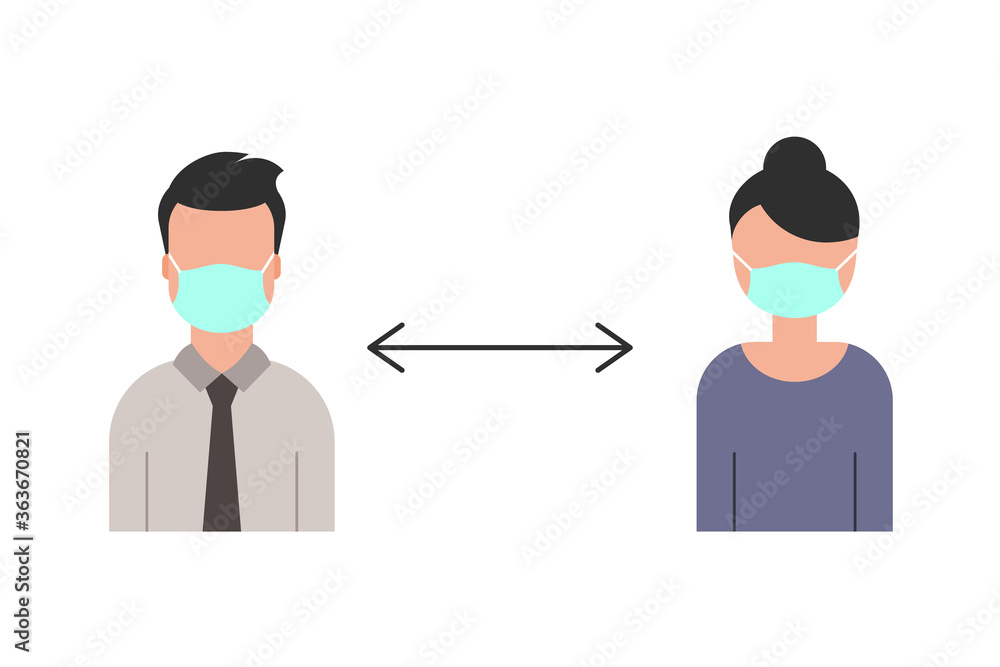 Social distancing at work place. Businessman and businesswoman wear protective masks. Safety at work. Coronavirus protection. Characters on white background. Vector illustration, flat, clip art. Social distancing at work place. Businessman and businesswoman wear protective masks. Safety at work. Coronavirus protection. Characters on white background. Vector illustration, flat, clip art.