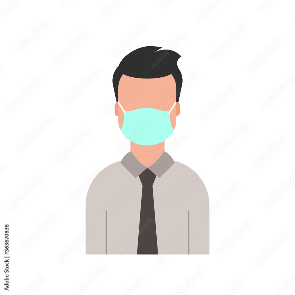 Businessman in suit and tie wearing a protective mask. No entry without face mask sign. Safety at work. New normal. Young man cartoon character on white background. Vector illustration, flat, clip art Businessman in suit and tie wearing a protective mask. No entry without face mask sign. Safety at work. New normal. Young man cartoon character on white background. Vector illustration, flat, clip art