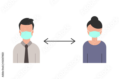 Social distancing at work place. Businessman and businesswoman wear protective masks. Safety at work. Coronavirus protection. Characters on white background. Vector illustration, flat, clip art.