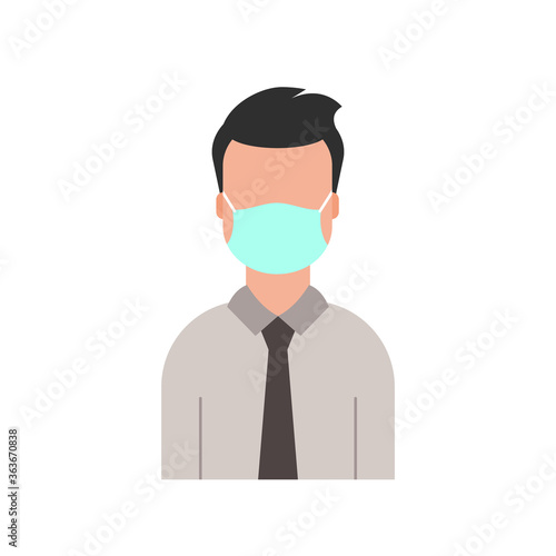 Businessman in suit and tie wearing a protective mask. No entry without face mask sign. Safety at work. New normal. Young man cartoon character on white background. Vector illustration, flat, clip art