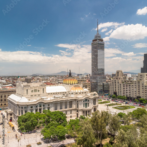 Vista aérea del Palacio de Bellas Artes y la Torre Latinoamericana en el Centro Histórico de la Ciudad de México. photo