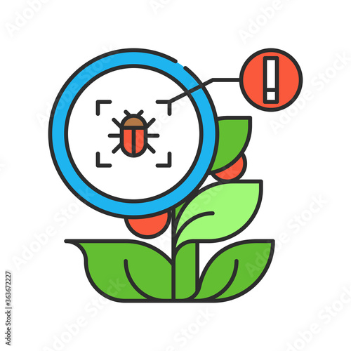 System monitoring the crop field with the help of sensors. Insect, parasite in tomato. Smart farming color linear icon. Sign for web page, app. UI UX GUI design element. Editable stroke. Pixel Perfect