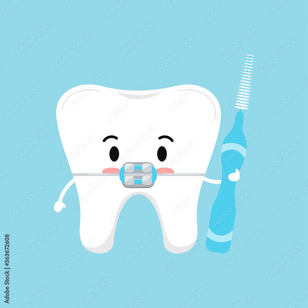 Cute tooth with dental braces and interdental brush in hand hygiene ...