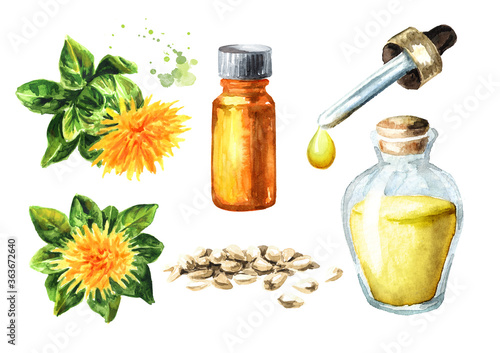 Canvas-taulu Safflower's flowers, seeds and bottle of oil set