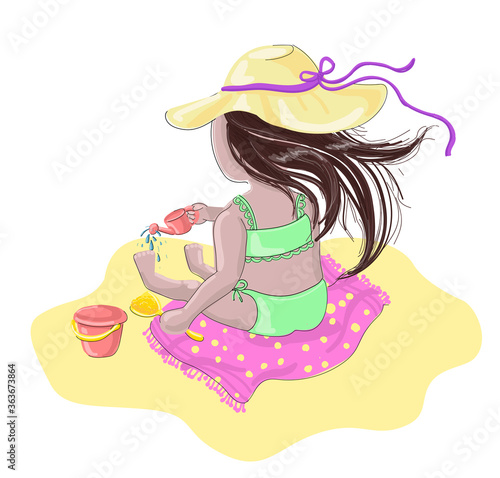 Summer. A little girl with long dark hair sits on a pink bedding, she is in a yellow hat and a green bathing suit, she plays with sand and a watering can. Drawing isolated on a white background.