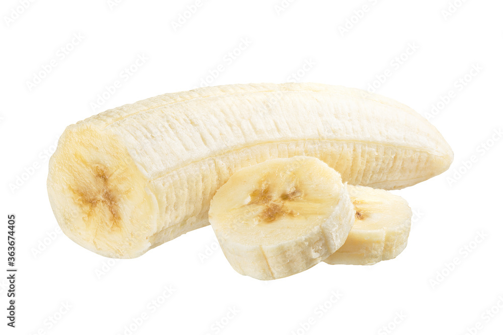 Isolated banana. Peeled banana slices isolated on white background Isolated banana. Peeled banana slices isolated on white background