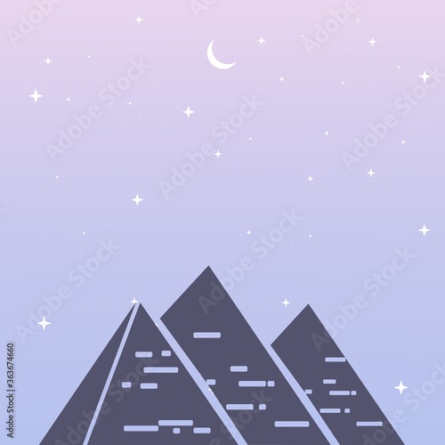 Egypt desert background illustration with moon, pyramids and stars in the sky. Blue and purple vector template landscape of Egypt famous landmarks. Background theme and wallpaper.