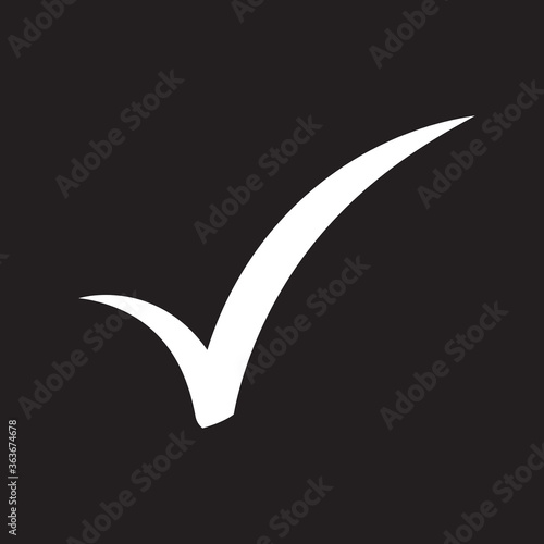 Check mark vector icon. White tick icon isolated on black background. Flat check mark sign for web site, app, label, logo and design template. Vector illustration