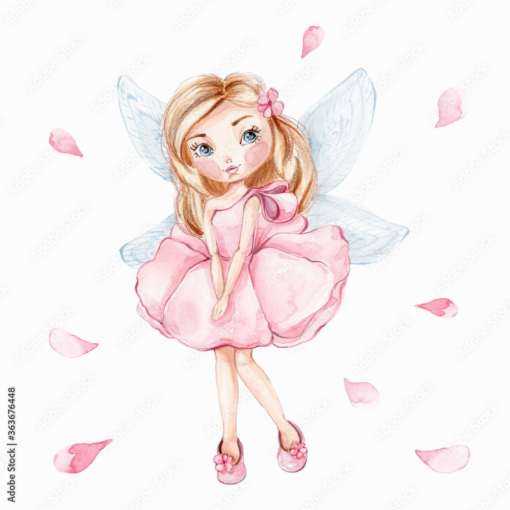 Cute pink fairy with light blue wings; watercolor hand draw ...