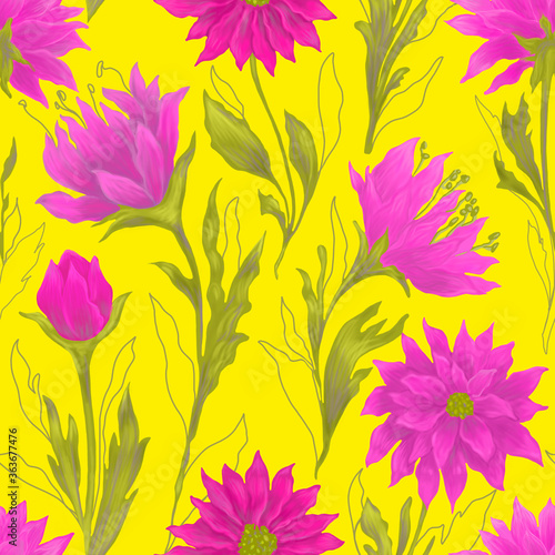 Beautifull seamless pattern with violet dahlia on yeloww background.Fabric, textile design. photo