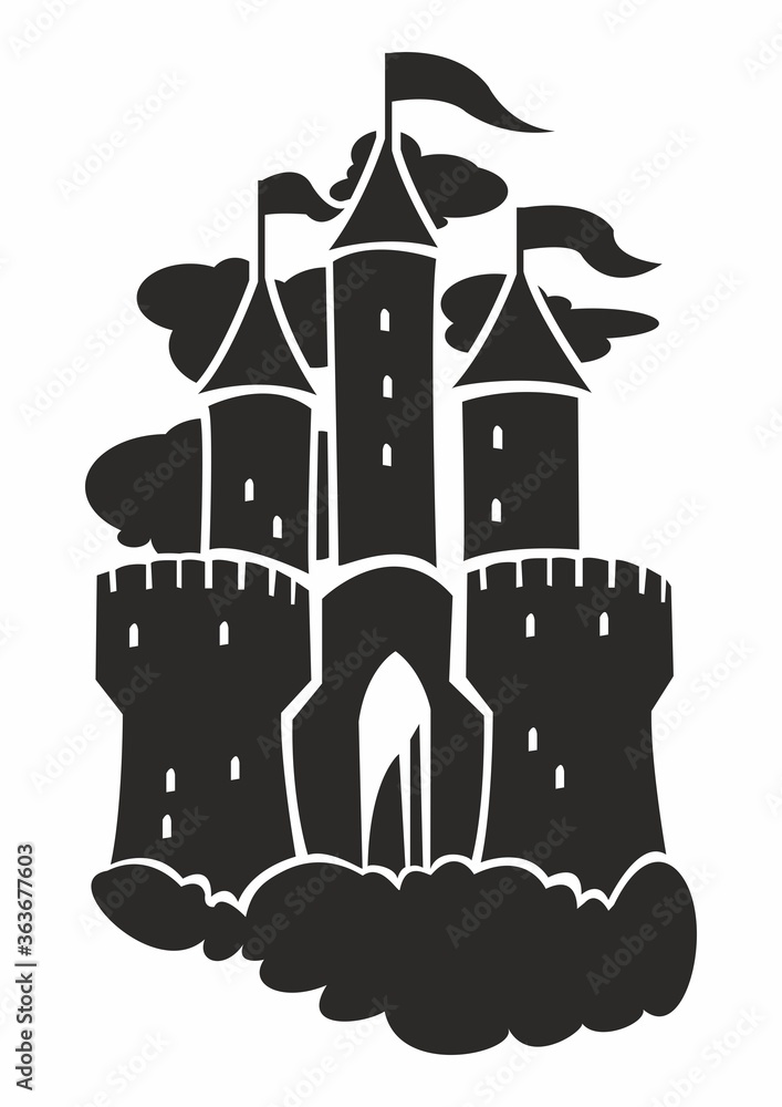 Fototapeta premium Old stone castle, fortress. Silhouette of a fortress with towers and flags.