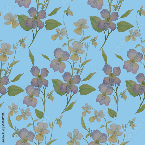 Violet seamless pattern . Hand drawn botanical illustration.Fabric, textile design. photo