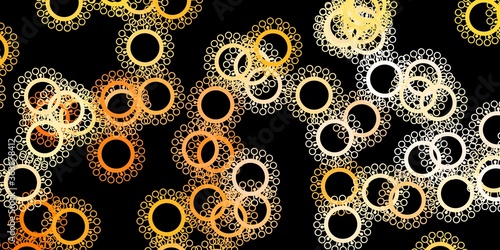 Dark orange vector background with covid-19 symbols.