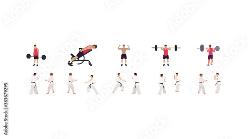 workout illustration set, gym, karate, wrestling illustration set
