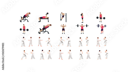 workout illustration set  gym  karate  wrestling illustration set
