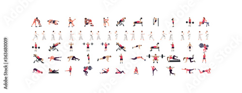 Man workout illustration set, gym, karate, wrestling illustration set