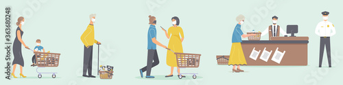 Grocery store during epidemic of virus.Cashier and guard in protective medical masks. Teller serves various customers who are waiting in queue at a social distance in supermarket.Vector illustration