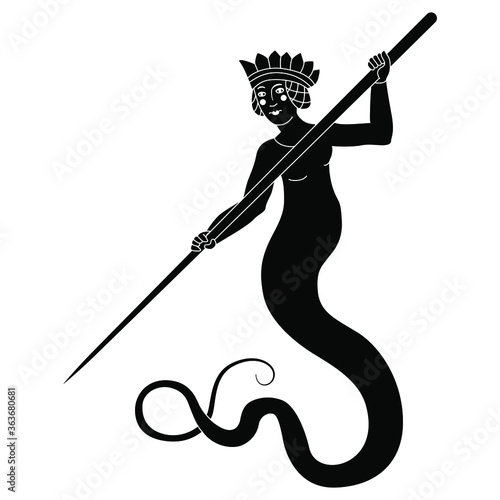 Medieval warrior mermaid. Heraldic creature. Snake lady. Siren or Lamia. Black and white silhouette.