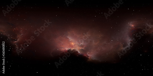 Fototapeta Naklejka Na Ścianę i Meble -  360 degree interstellar cloud of dust and gas. Space background with nebula and stars. Glowing nebula. Panorama, environment 360° HDRI map. Equirectangular projection, spherical panorama