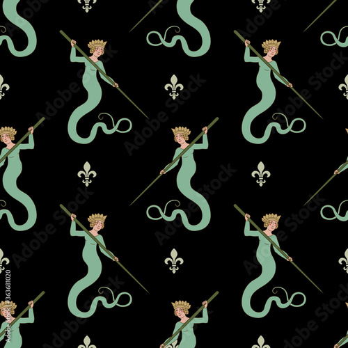 Seamless geometrical pattern with fantastic mermaids or snake women and fler-de-lis symbols.