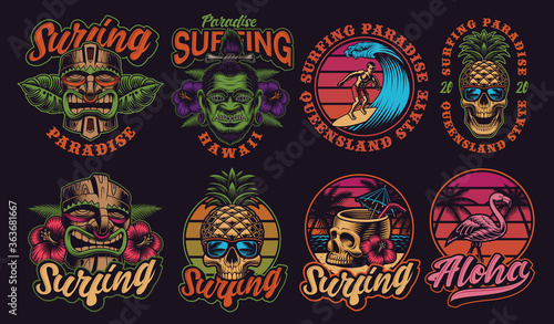 Set of colorful Hawaii surfing illustrations. These vectors are perfect for logos, shirt prints, and many other uses as well.