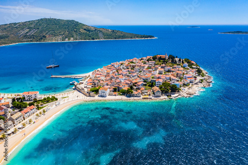 Aerial view of Primosten old town, amazing sunny landscape, Dalmatia, Croatia. Famous tourist resort on Adriatic sea coast.