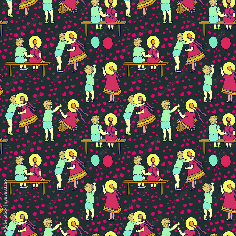 Fototapeta premium Seamless pattern of Cartoon children, boy and girl. different plots. eps10 vector stock illustration