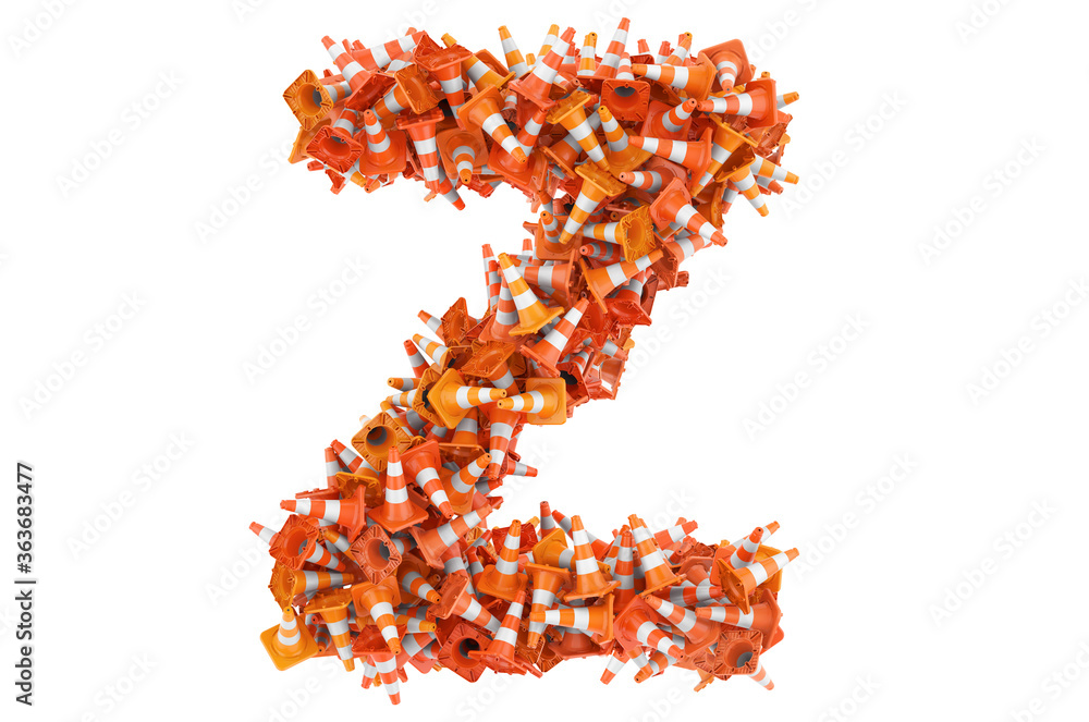Letter Z from traffic cones, 3D rendering Letter Z from traffic cones, 3D rendering