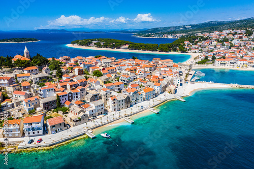 Aerial view of Primosten old town, amazing sunny landscape, Dalmatia, Croatia. Famous tourist resort on Adriatic sea coast. © Mislav
