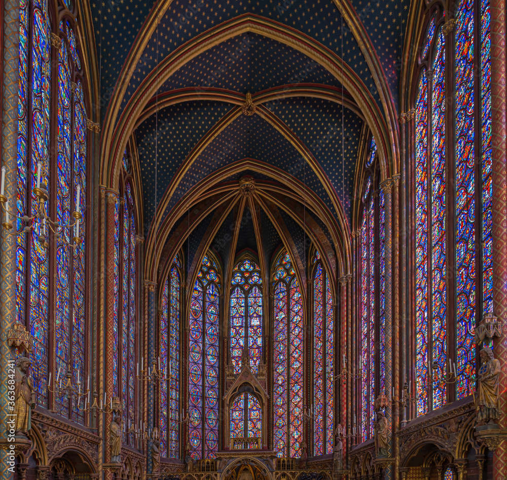 Paris, France - 03 07 2020: Details view inside The Holy Chapel