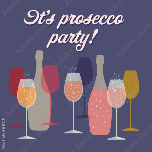 Prosecco party vector illustration with glasses and bottles