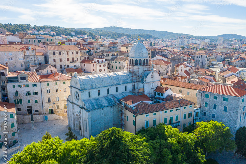 Aerial view of the city of Sibenik in the summer morning, Croatia