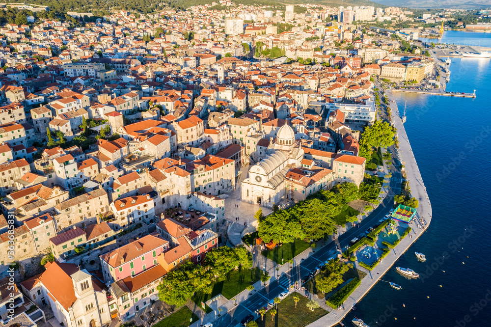 Naklejka premium Aerial view of the city of Sibenik in the summer morning, Croatia