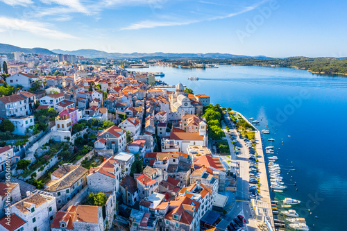 Aerial view of the city of Sibenik in the summer morning, Croatia