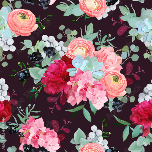 Winter bouquets of peony, ranunculus, succulents, rose, hydrangea, carnation, brunia, blackberries and eucaliptus leaves on the black background
