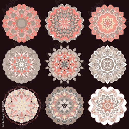 Mandalas collection. Asian traditional mehandi style decor. Oriental pattern, vector illustration. Vintage decorative elements. Round Ornament