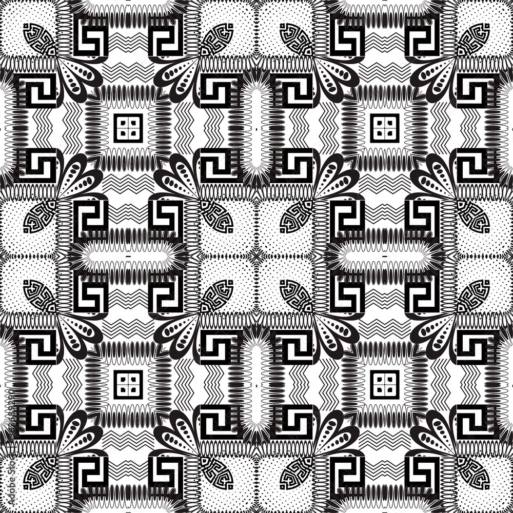 Patchwork seamless pattern. Vector ornamental background. Tribal ethnic style repeat backdrop. Geometric patched ornaments with abstract flowers, shapes, zig zag lines, frames. Greek key meanders