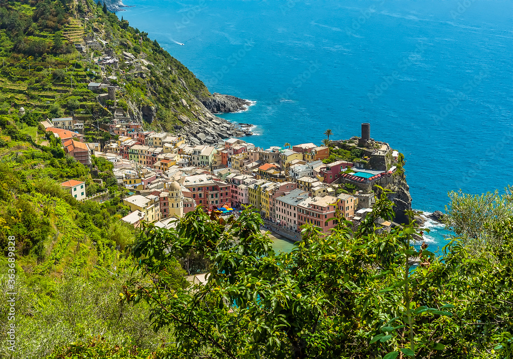 A view over Vernazza from the Monterosso to Vernazza path in summertime