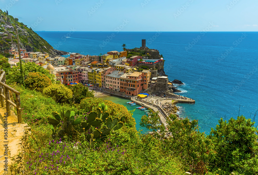 A view of  the Cinque Terre village of Vernazza in the summertime