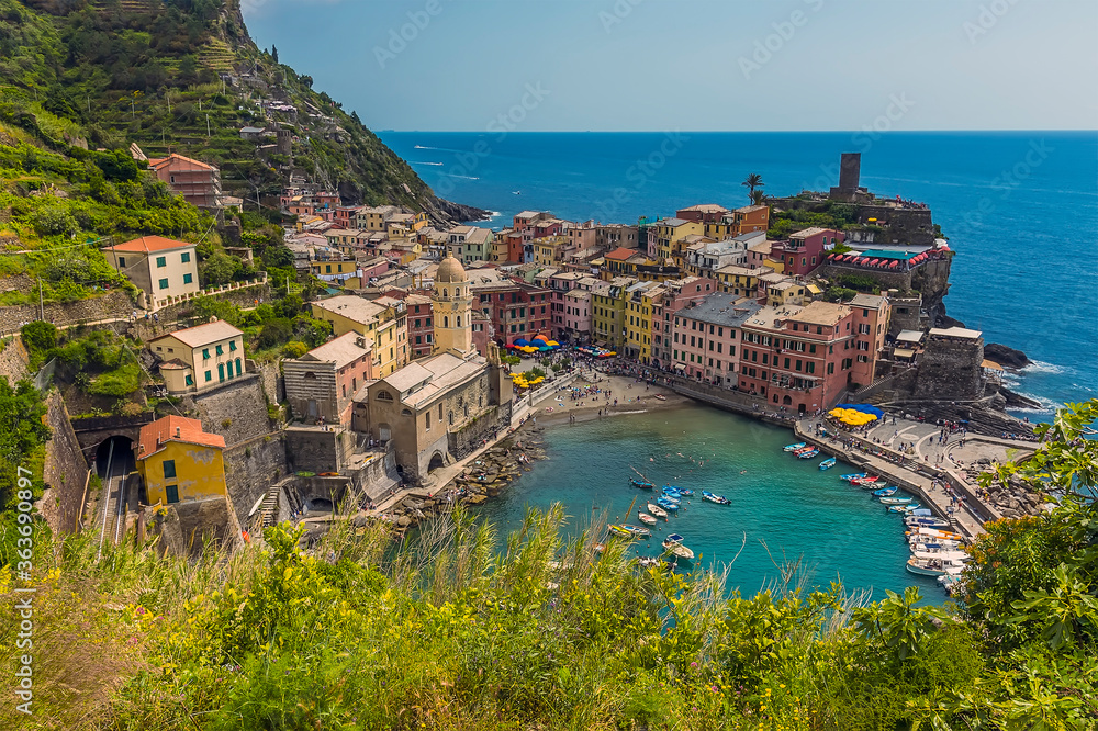 A view over the picturesque Cinque Terre village of Vernazza in the summertime
