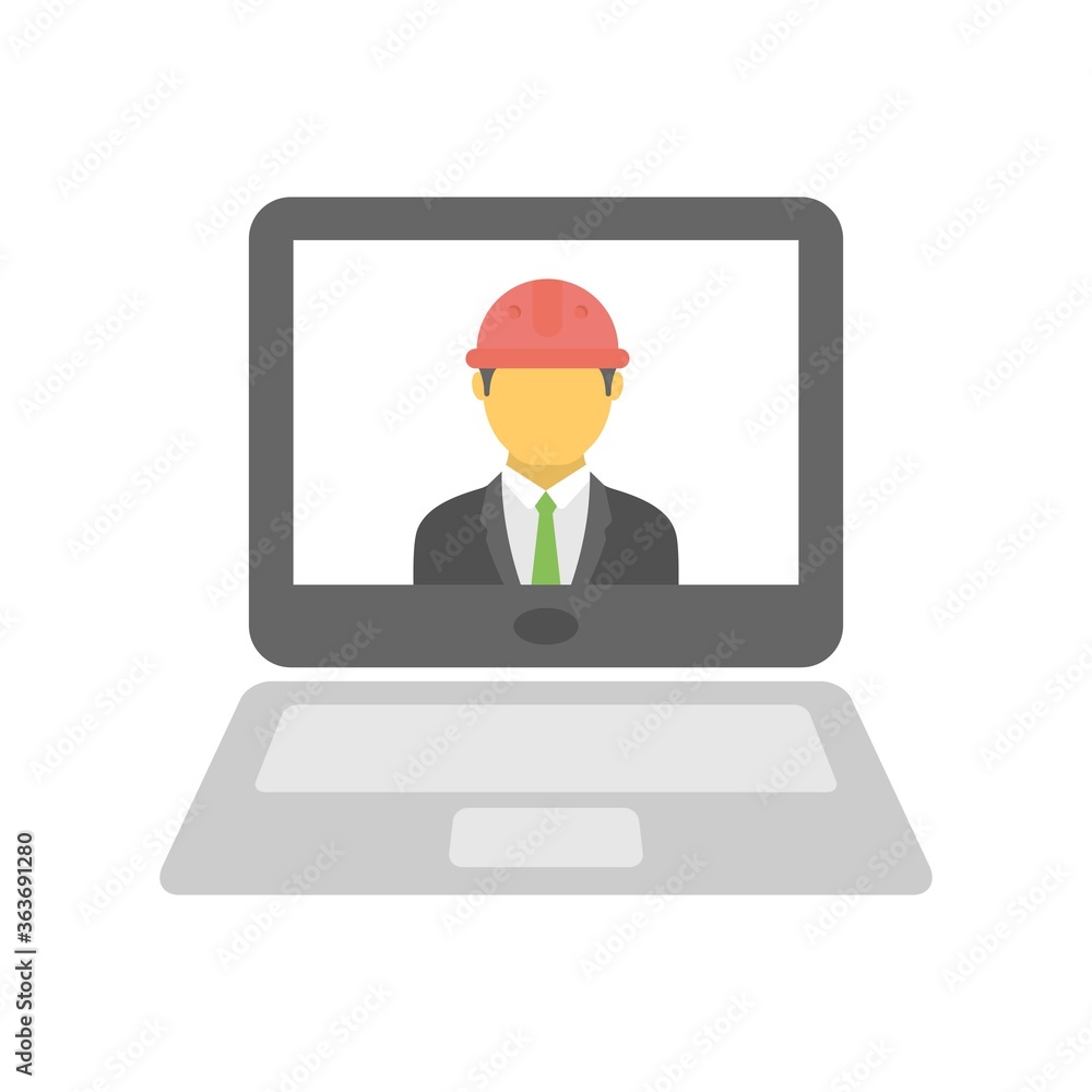 Industrial engineer on laptop screen. Civil engineer using computer. Flat icon illustration. Industrial engineer on laptop screen. Civil engineer using computer. Flat icon illustration.