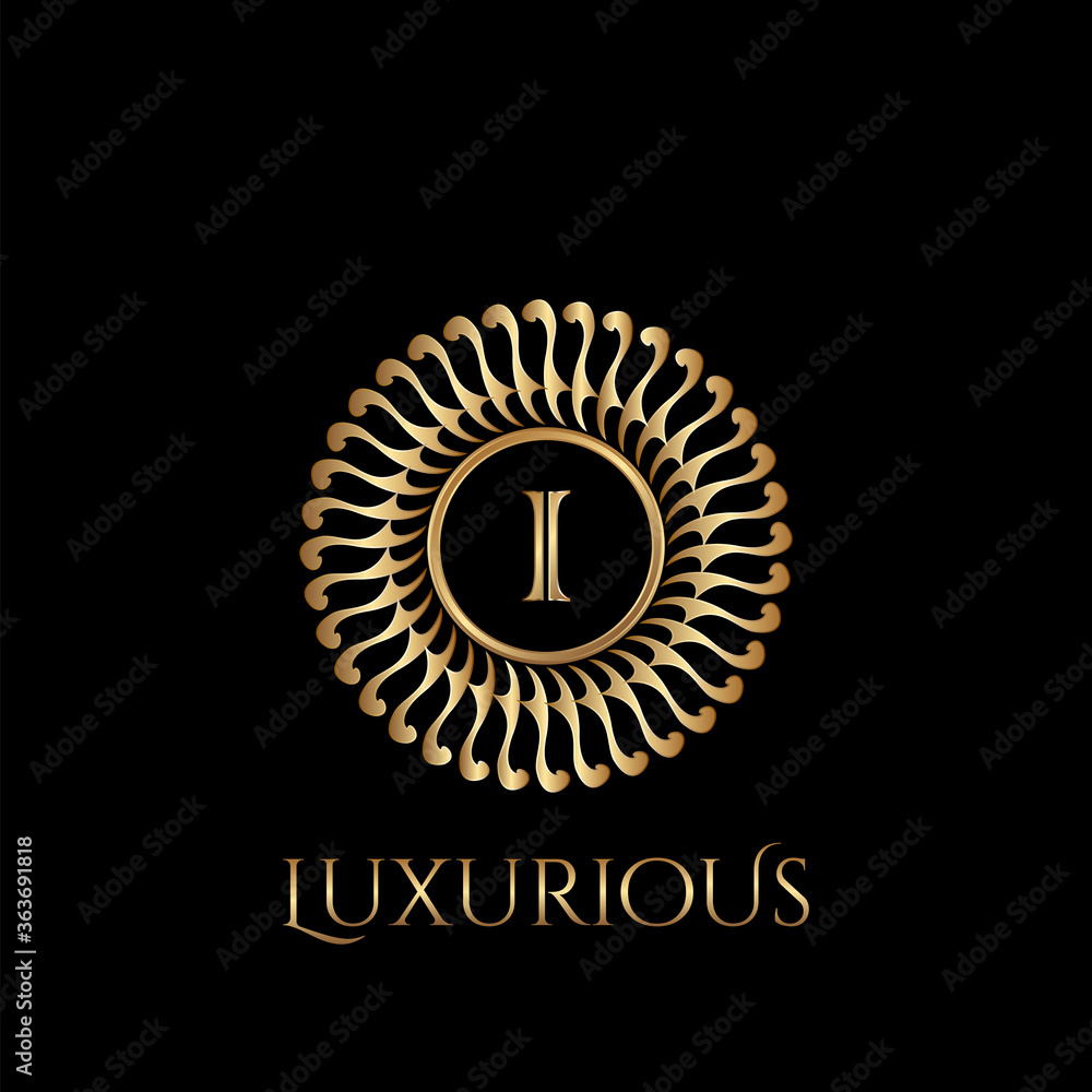 Fototapeta premium Circle luxury logo with letter I and symmetric swirl shape vector design logo