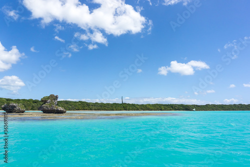 Amazing seascape of Pines Island, new caledonia: turquoise lagoon, typical rocks, blue sky © mathilde