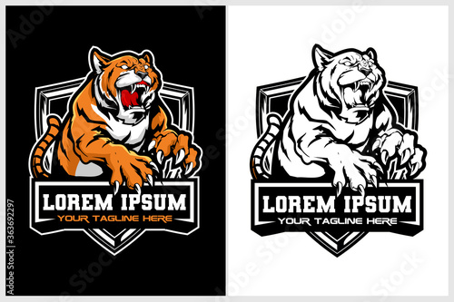 aggressive and angry tiger cartoon character vector badge logo template